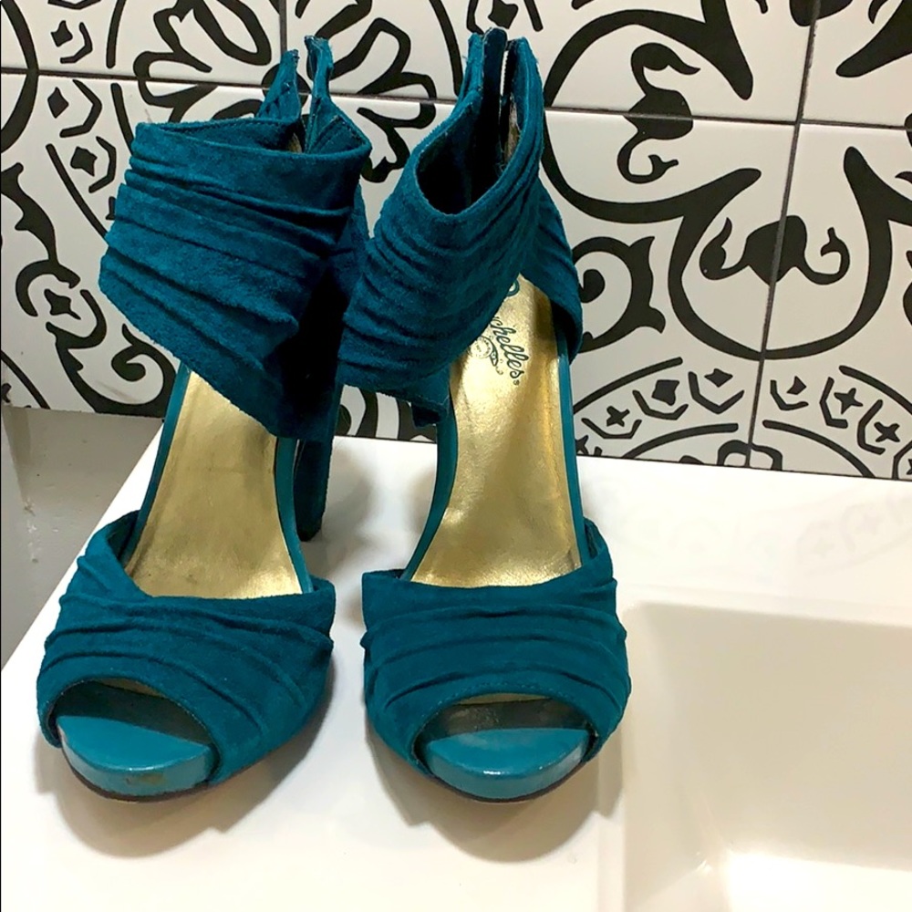 Heel booties dark aqua suede size 7.5